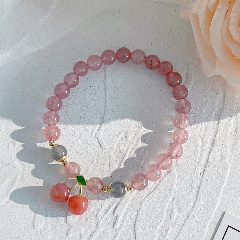 Natural Strawberry Quartz Crystal Little Cherry Charm Positive Bracelet