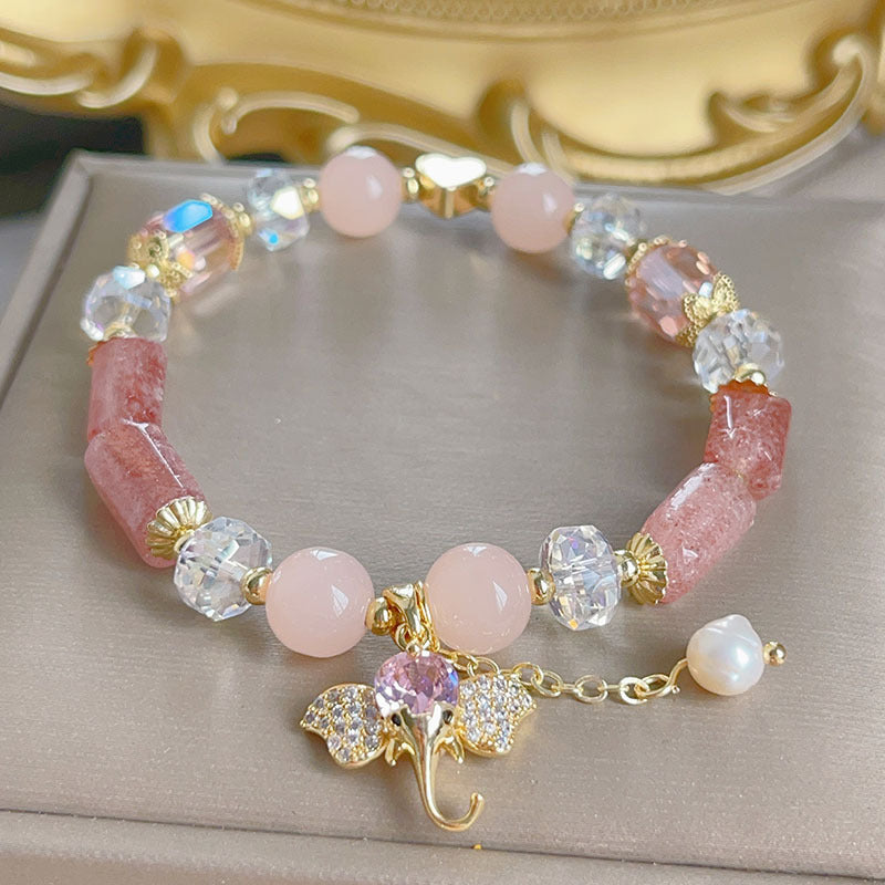 Natural Strawberry Quartz Crystal Lucky Baby Elephant Charm Positive Bracelet