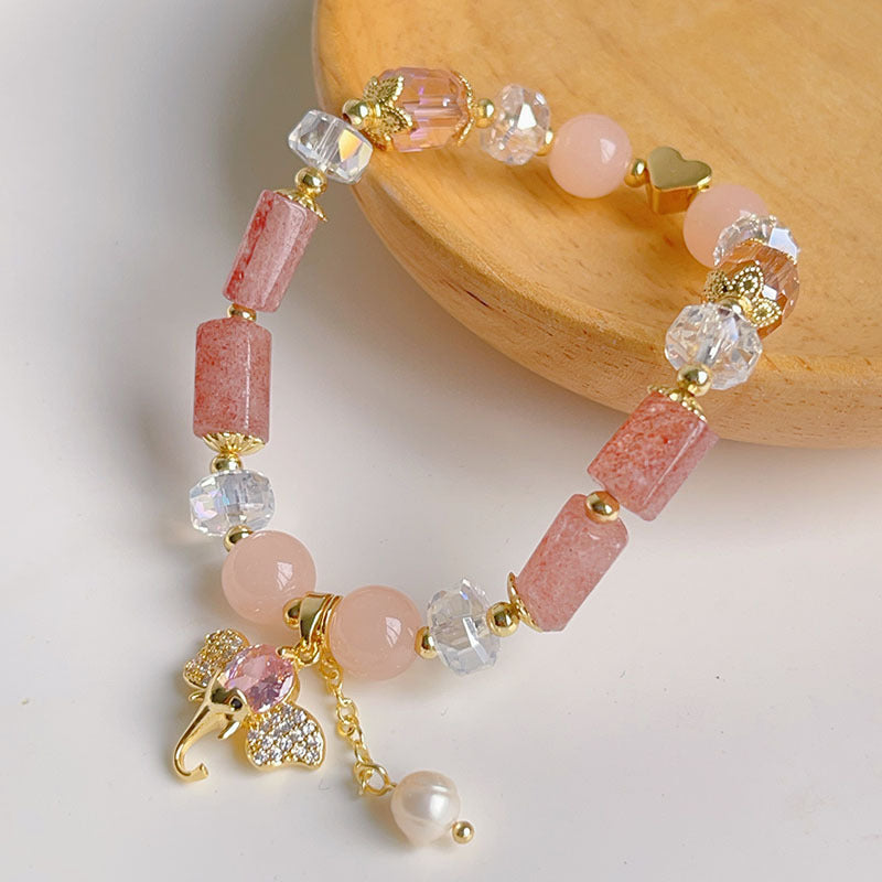 Natural Strawberry Quartz Crystal Lucky Baby Elephant Charm Positive Bracelet