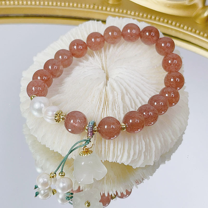 Natural Strawberry Quartz Crystal Chalcedony Lily of the Valley Pearl Tassel Positive Bracelet